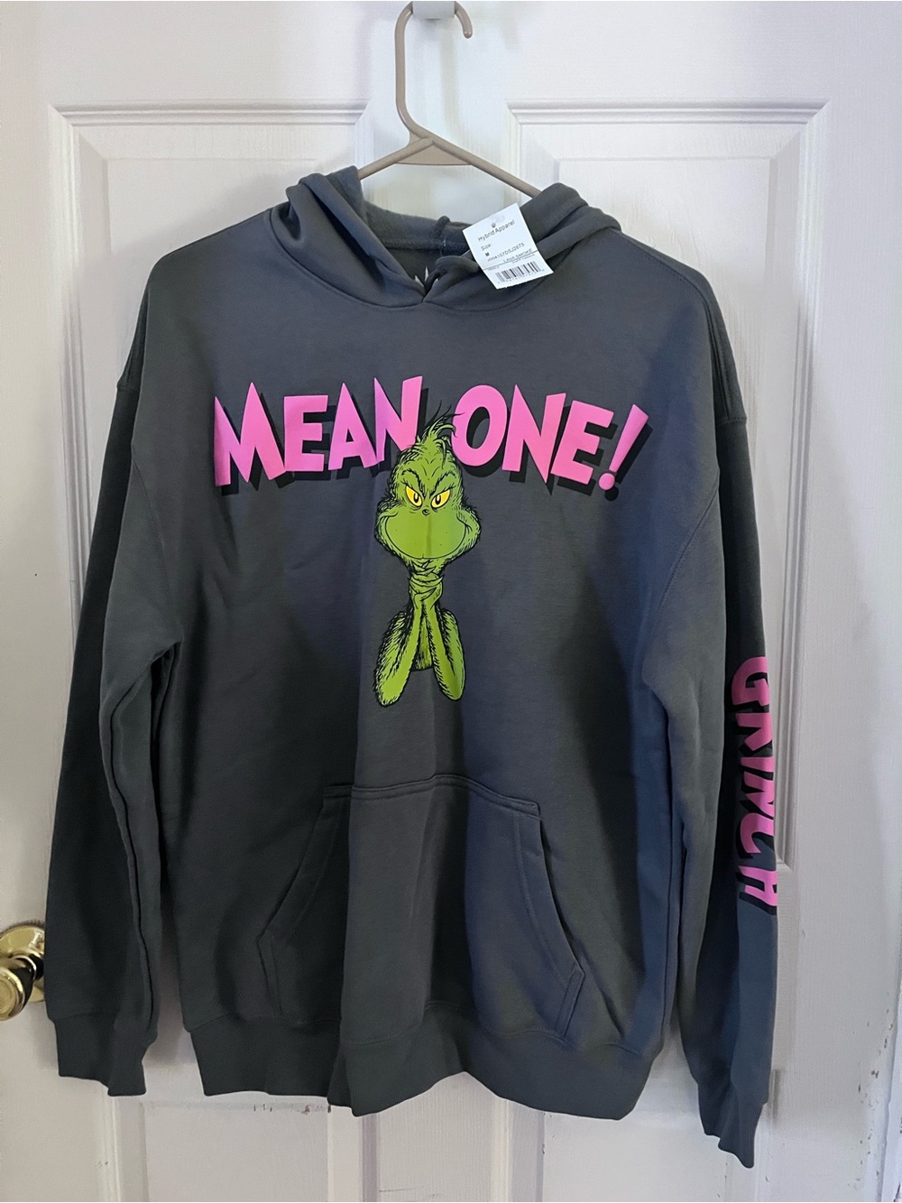 Dr. Seuss Gray Grinch 'MEAN ONE!' Zip-Up hoodie with Pink & Green Print